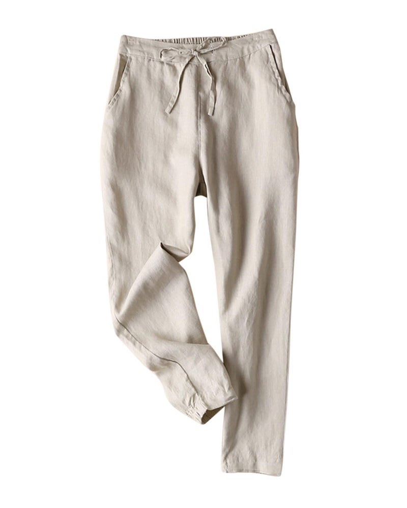 IXIMO Women's Tapered Pants 100% Linen Drawstring Back Elastic Waist Pants Trousers with Pockets (Khaki, S) - Image 1